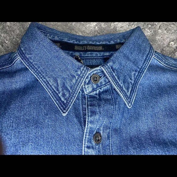 🏍🏍🏍Mens Medium Harley Davidson Denim Short Sleeve Button Up Shirt - Picture 8 of 12